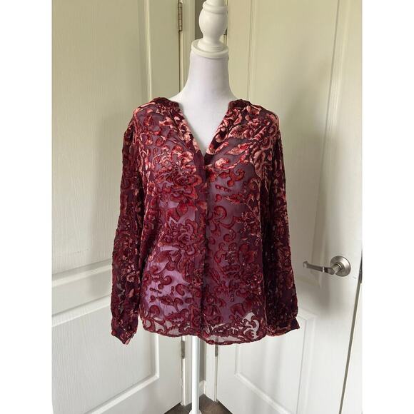 Chico’s Tops - Chicos sheer velvet burgundy statement blouse size 2 U.S 12​